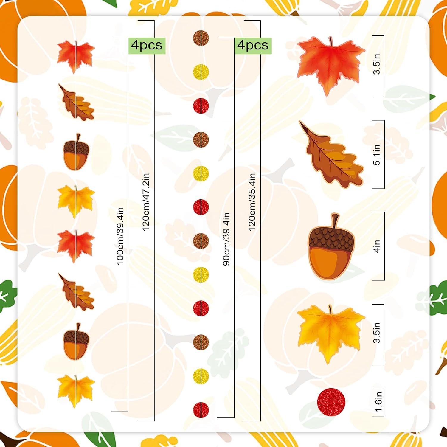 8 Pack Fall Maple Leaf Garland, Acorn & Leaf Hanging Banner, Autumn Party Decor