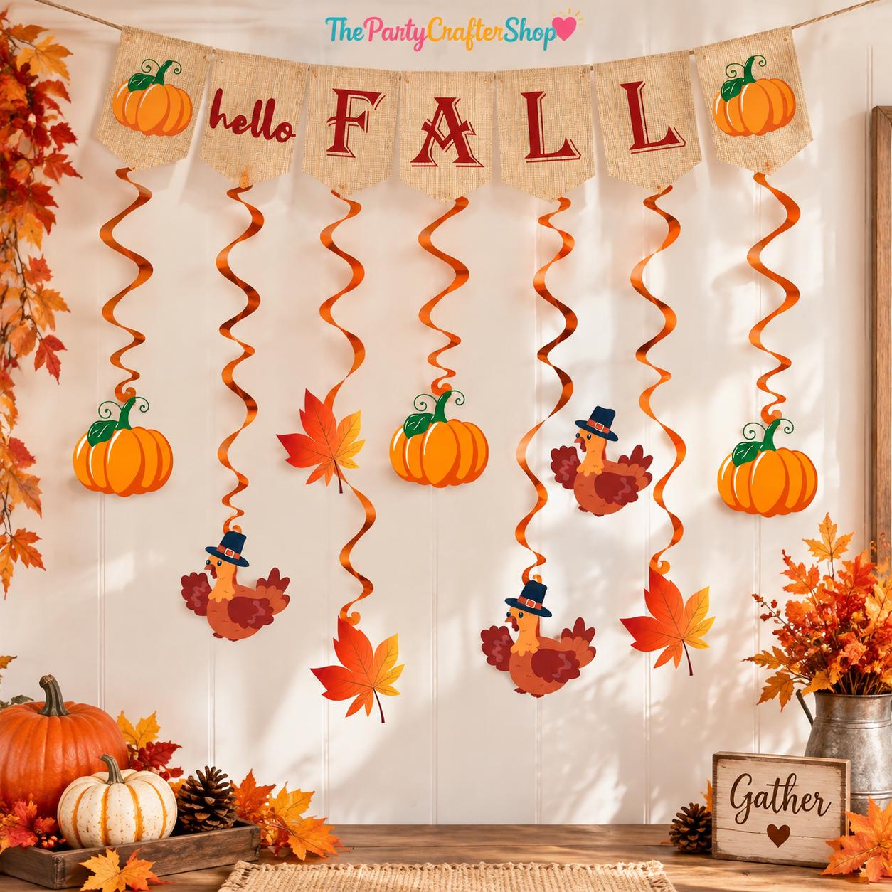 Fall Decorations Set, 9pc Hanging Swirls & Hello Fall Banner, Autumn Garland Decor