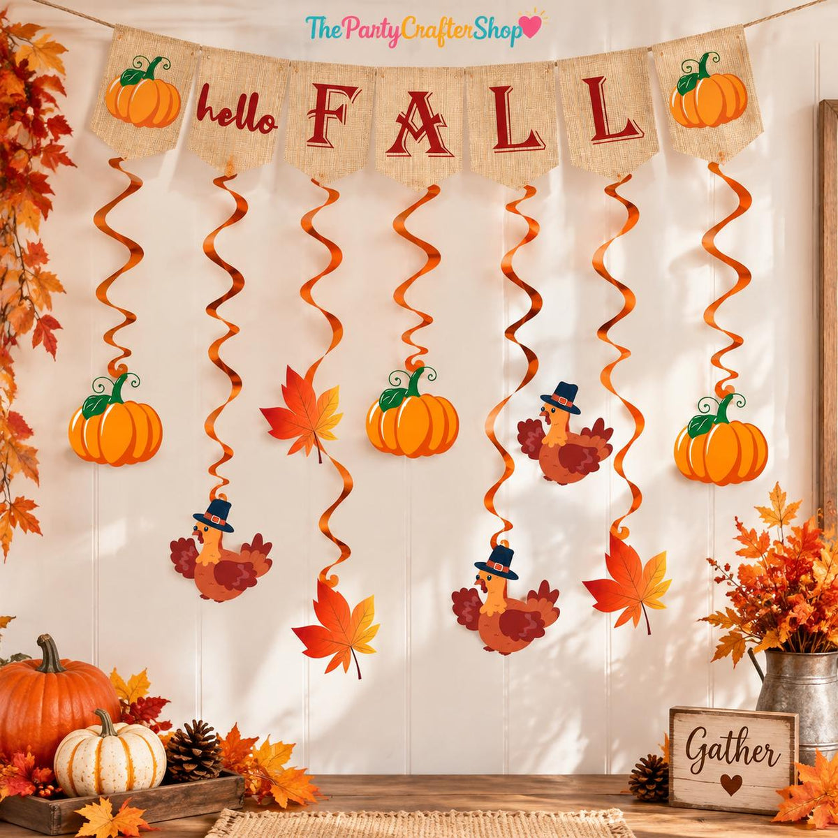Fall Decorations Set, 9pc Hanging Swirls & Hello Fall Banner, Autumn Garland Decor