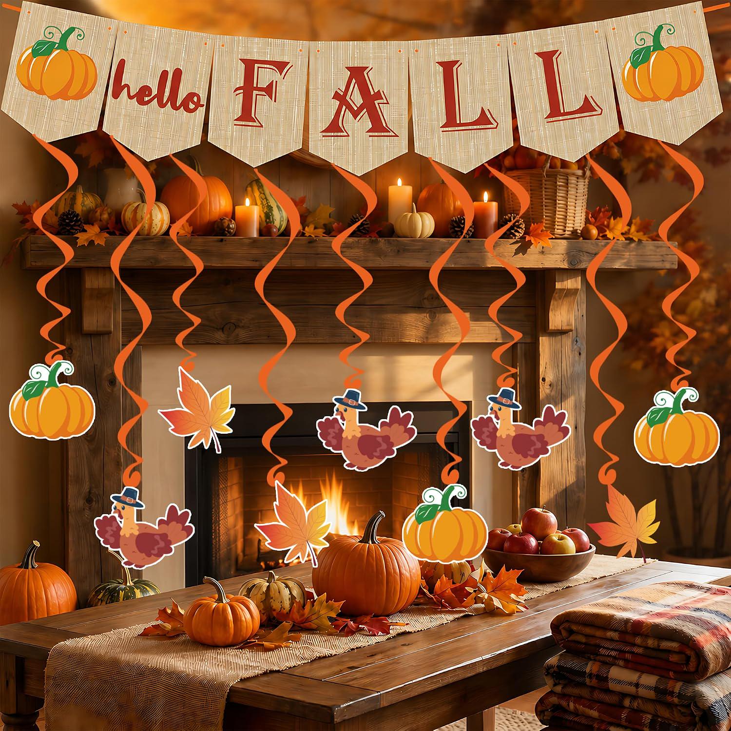 Fall Decorations Set, 9pc Hanging Swirls & Hello Fall Banner, Autumn Garland Decor