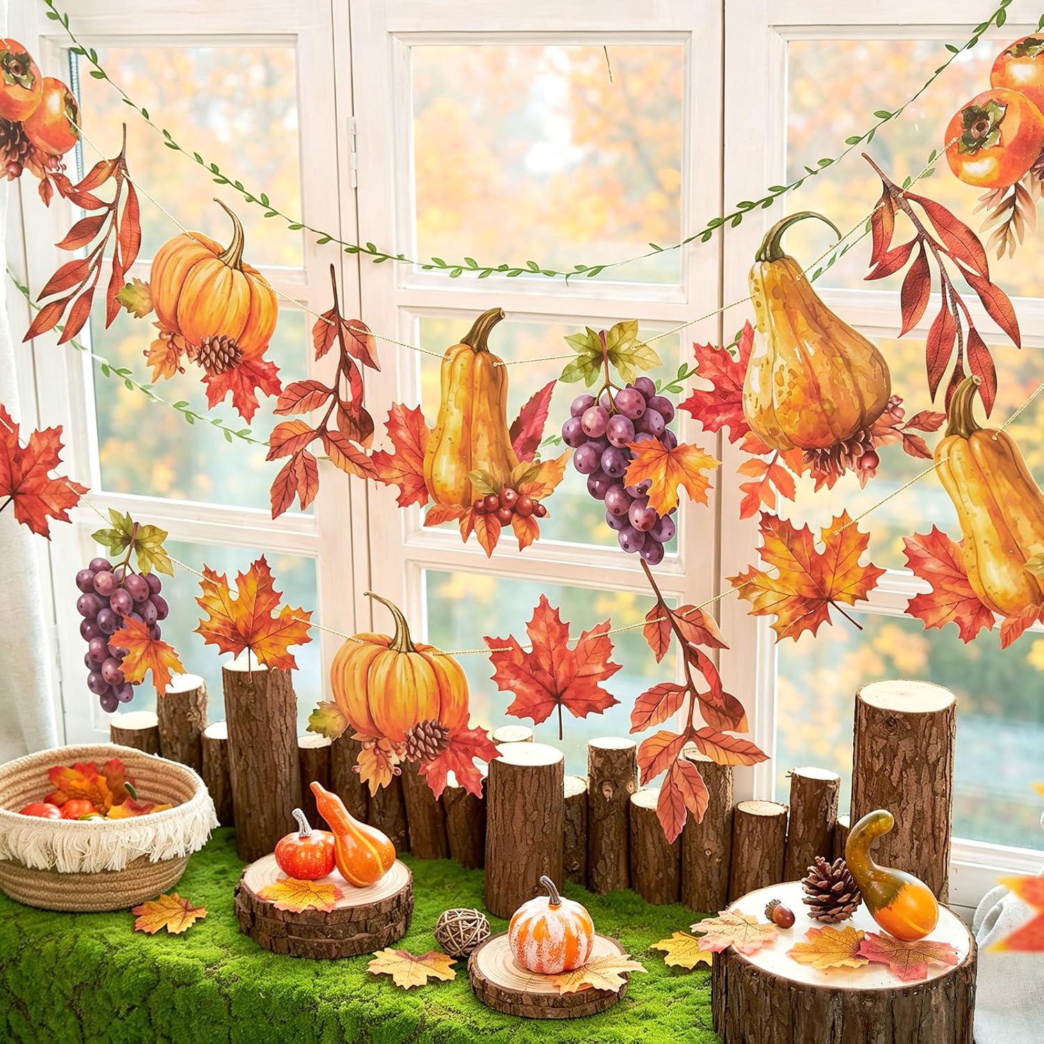 2pc Fall Harvest Garland Set, Pumpkin Maple Leaf Bunting (9.8FT)