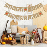 Happy Fall Burlap Banner, Thankful Garland, Pumpkin Maple Leaf Bunting (11ft)