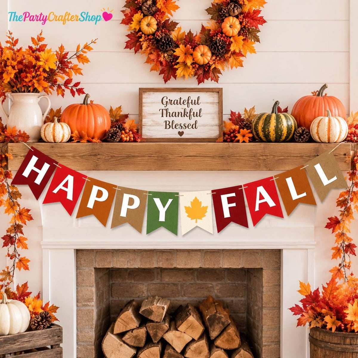 Happy Fall Felt Banner, Autumn Maple Leaf Garland, Thanksgiving Mantel Decor