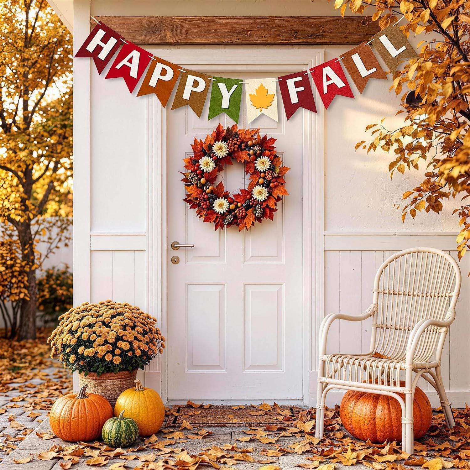 Happy Fall Felt Banner, Autumn Maple Leaf Garland, Thanksgiving Mantel Decor