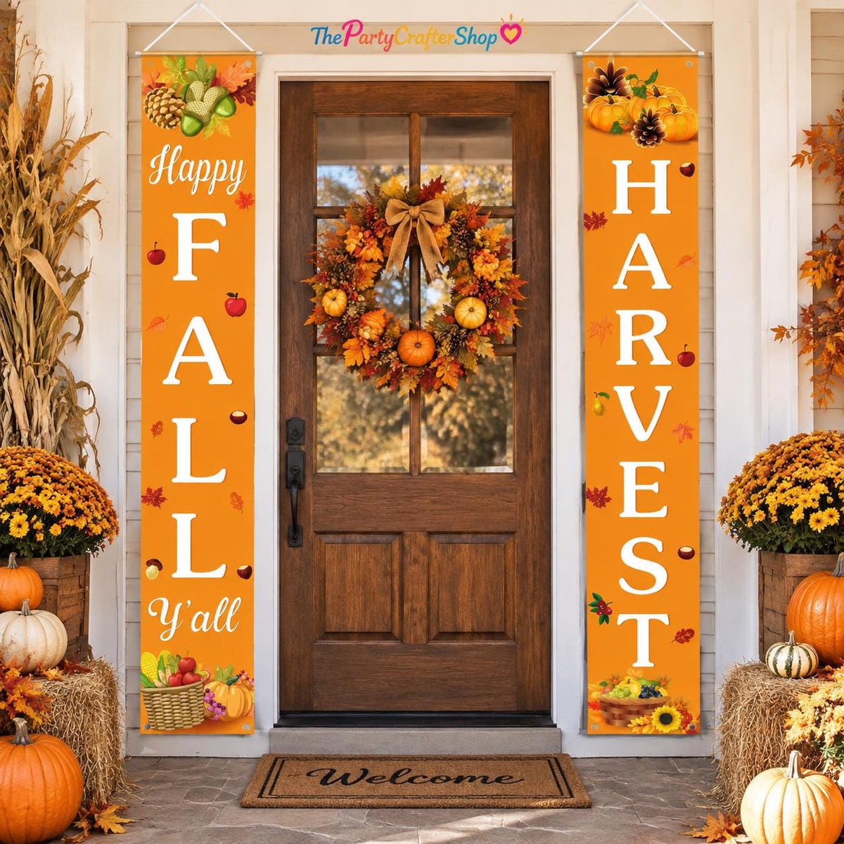 Happy Fall Harvest Banner, Pumpkin Maple Leaf Porch Decor (72x12 Inch)