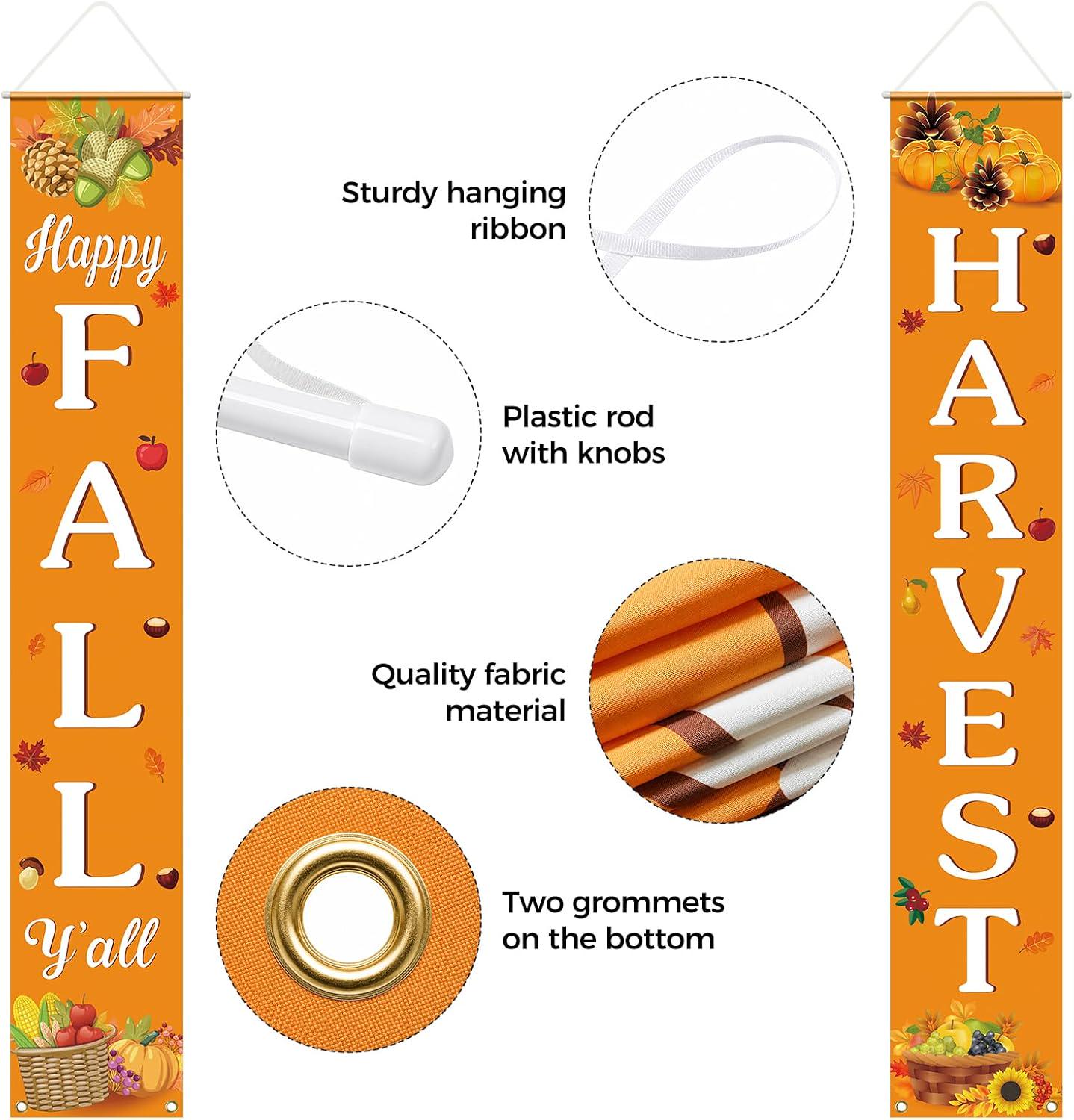 Happy Fall Harvest Banner, Pumpkin Maple Leaf Porch Decor (72x12 Inch)