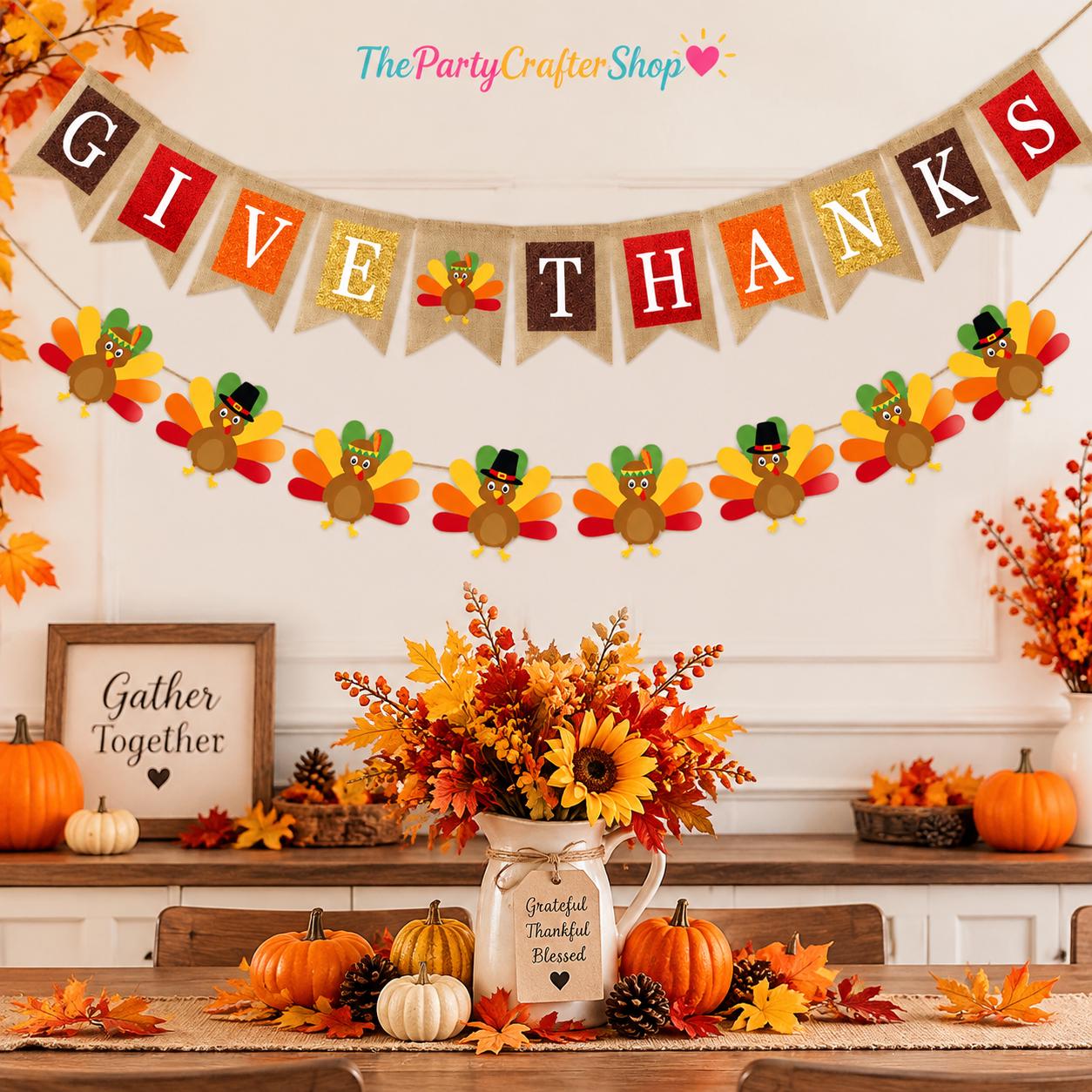 Give Thanks Burlap Banner, Turkey Garland, Autumn Harvest Bunting (2pc Set)