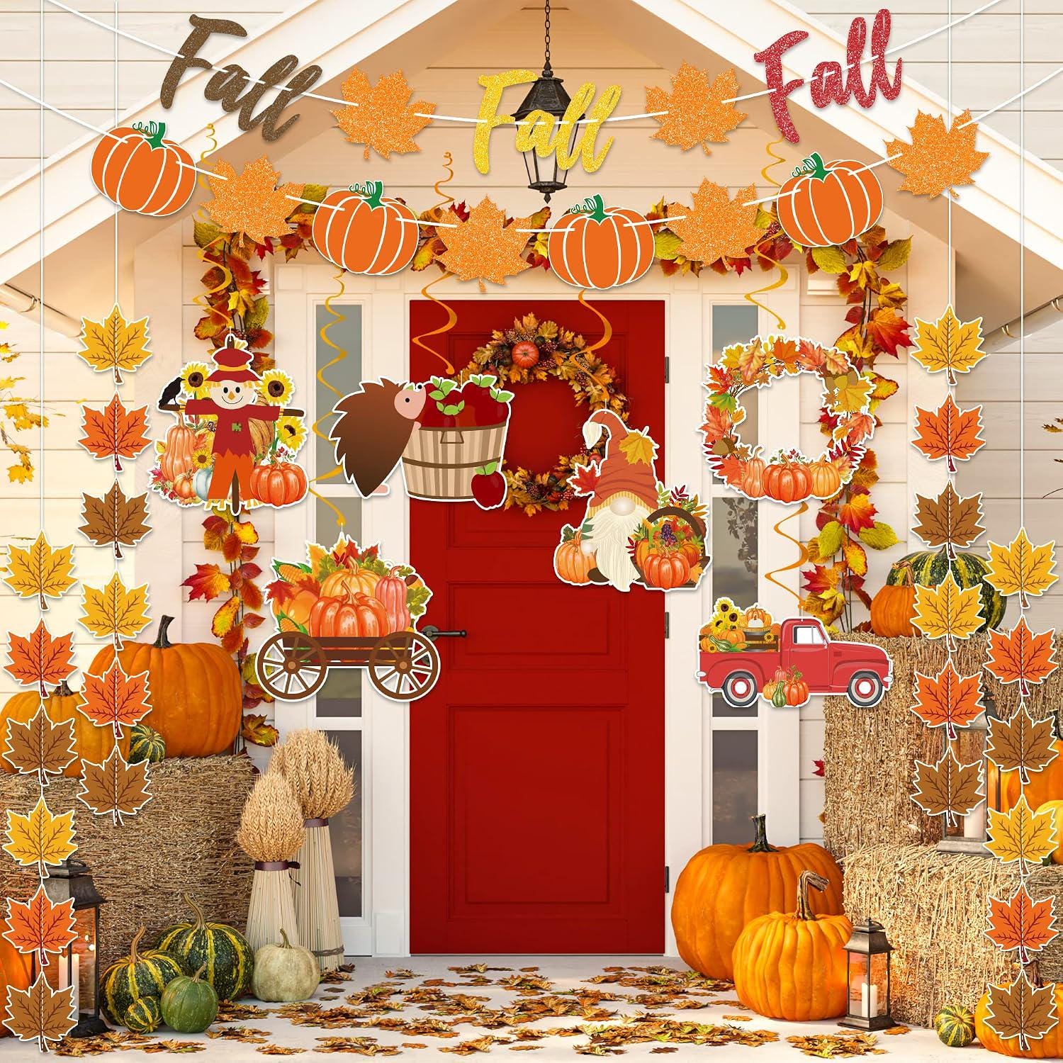 Glitter Fall Party Decorations Set, Pumpkin Maple Leaf Garland, Autumn Swirls (PVC, Cardboard)
