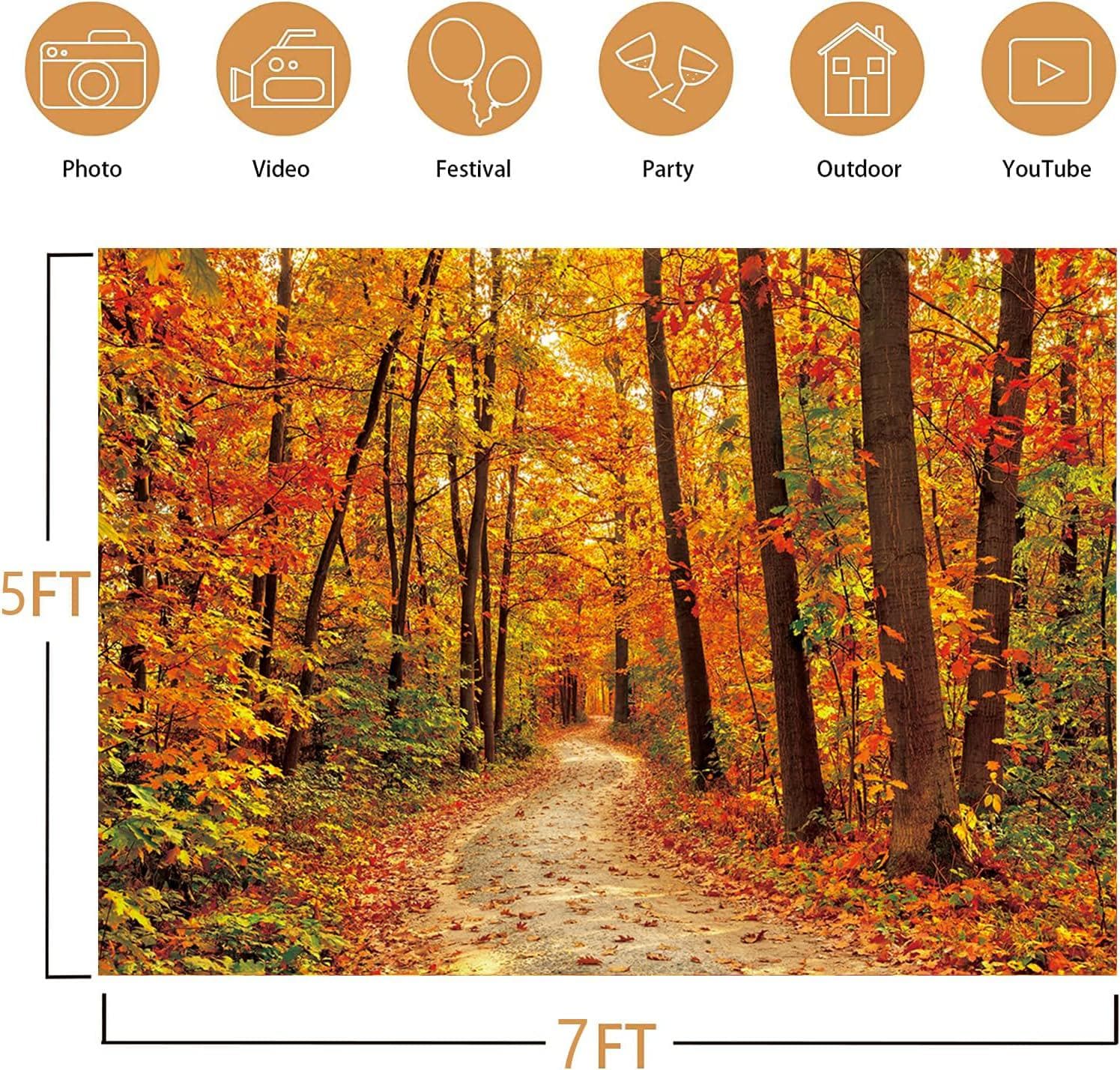 Autumn Forest Backdrop, 7x5FT Maple Leaf Mountain Road, Fall Harvest Party Decor (Vinyl)