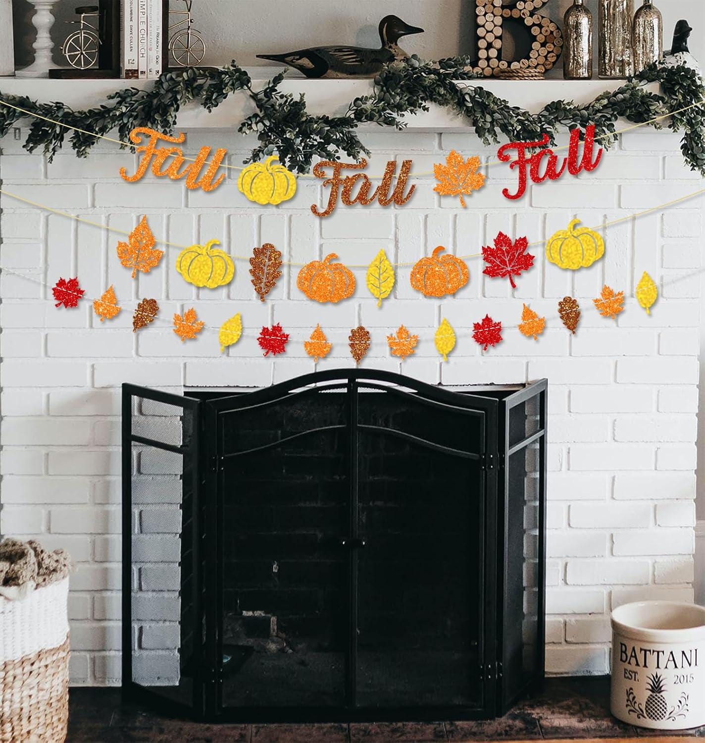 Glitter Fall Banner, Leaf Pumpkin Garland, Autumn Thanksgiving Decor (Set)