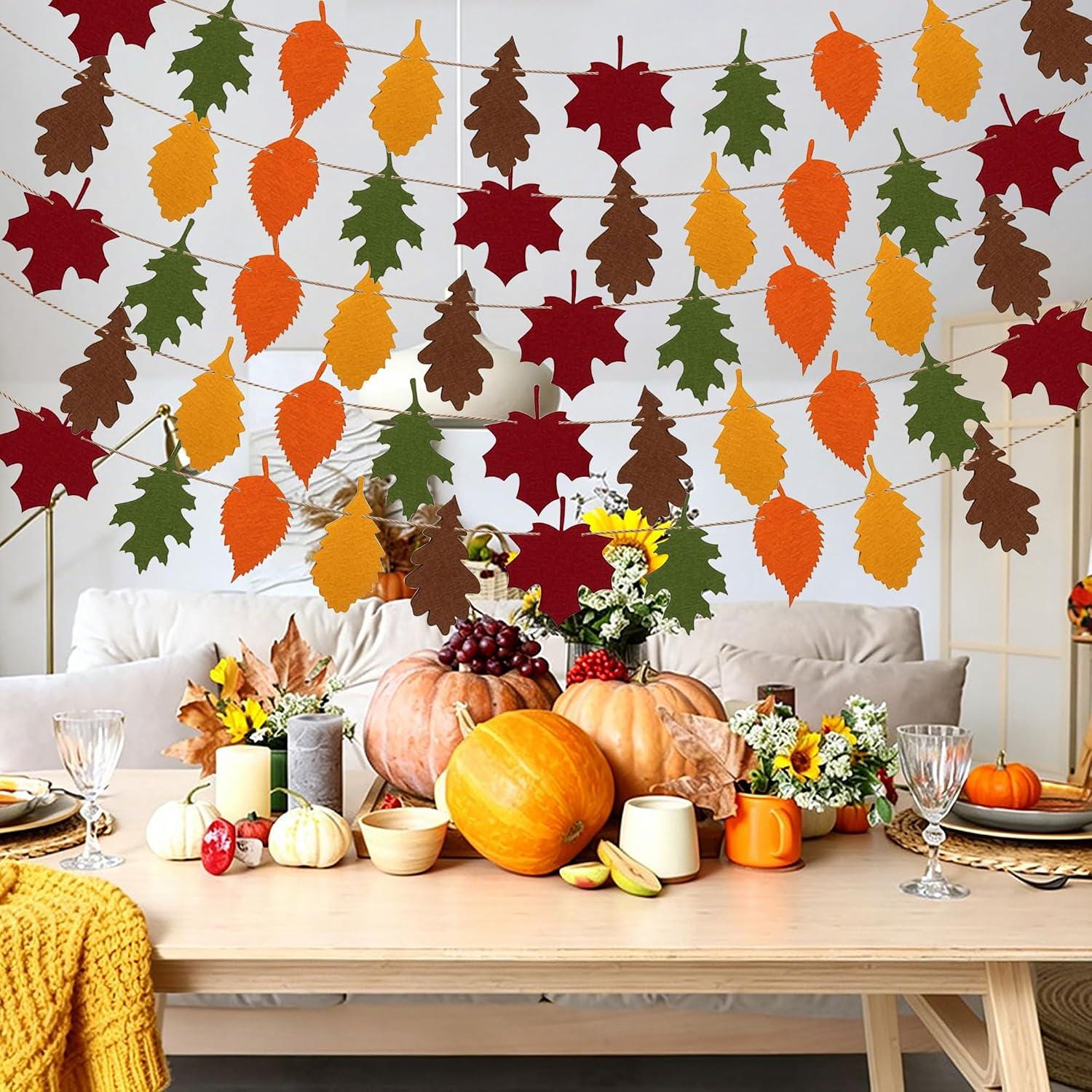 5pc Felt Maple Leaf Garland, Autumn Harvest Banner, Thanksgiving Decor