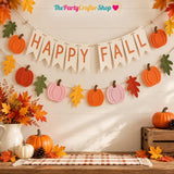 Happy Fall Felt Pumpkin Leaf Garland, Autumn Thanksgiving Decor (20pc Set)