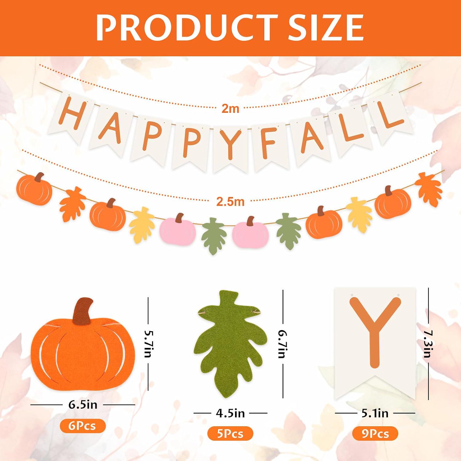 Happy Fall Felt Pumpkin Leaf Garland, Autumn Thanksgiving Decor (20pc Set)