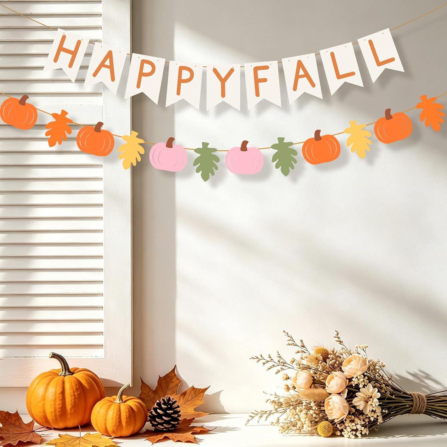 Happy Fall Felt Pumpkin Leaf Garland, Autumn Thanksgiving Decor (20pc Set)