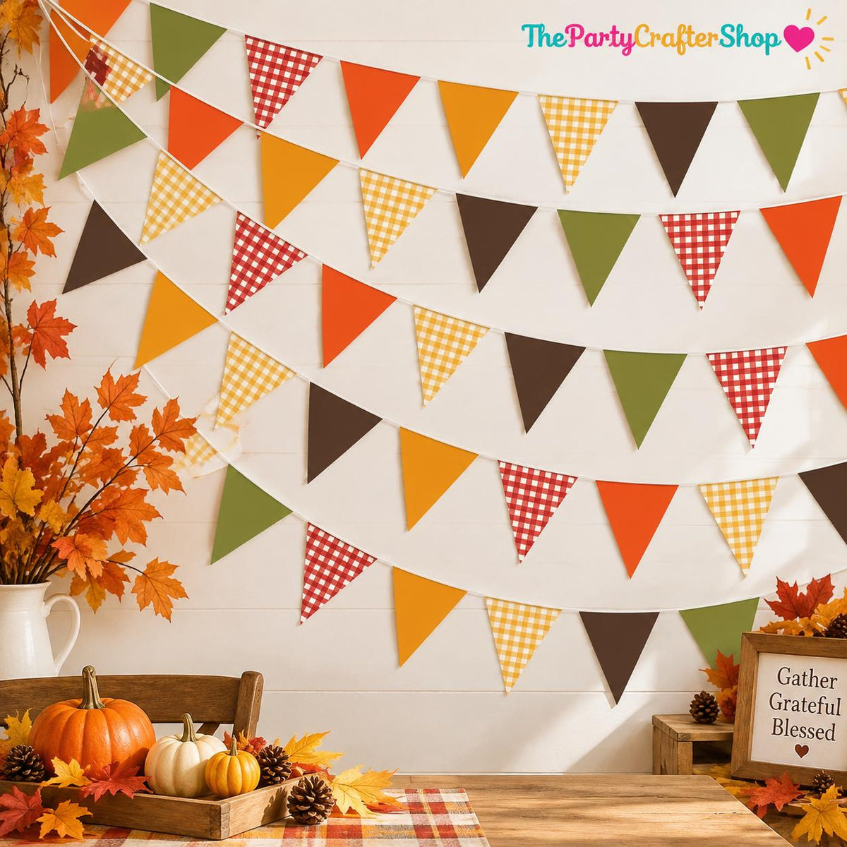 33FT Fall Gingham Pennant Banner, Green Orange Plaid Triangle Bunting Garland