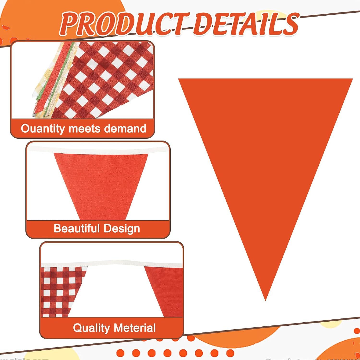 33FT Fall Gingham Pennant Banner, Green Orange Plaid Triangle Bunting Garland