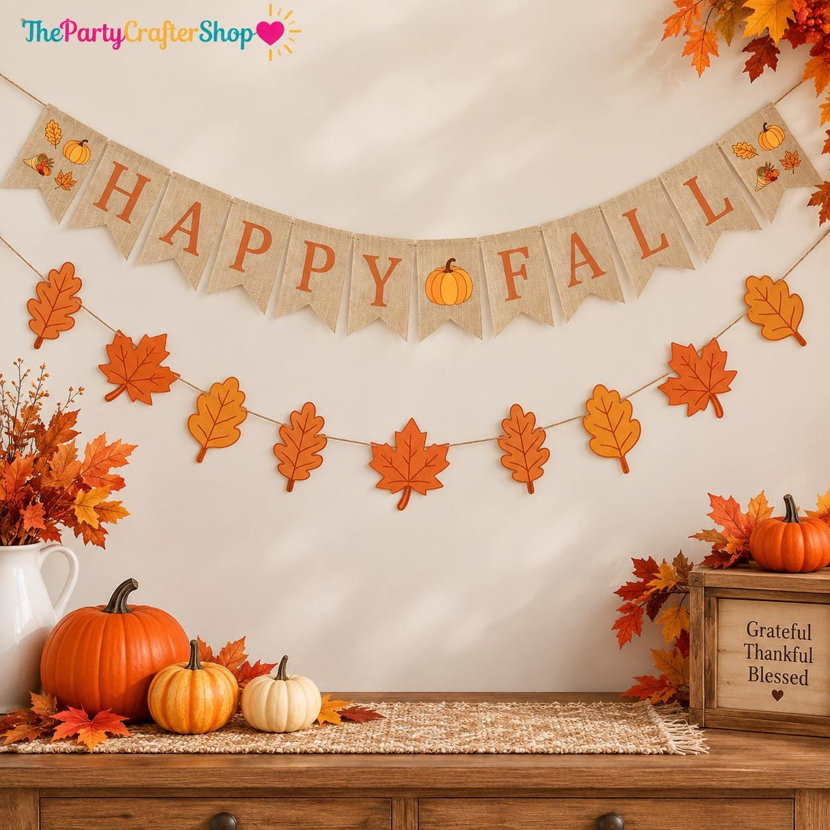Happy Fall Banner Garland, Pumpkin Maple Leaf Autumn Decor (Cardstock Set)