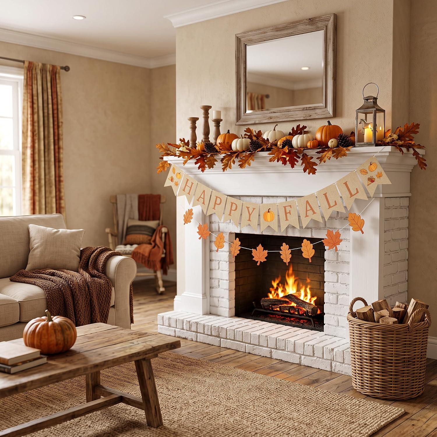 Happy Fall Banner Garland, Pumpkin Maple Leaf Autumn Decor (Cardstock Set)