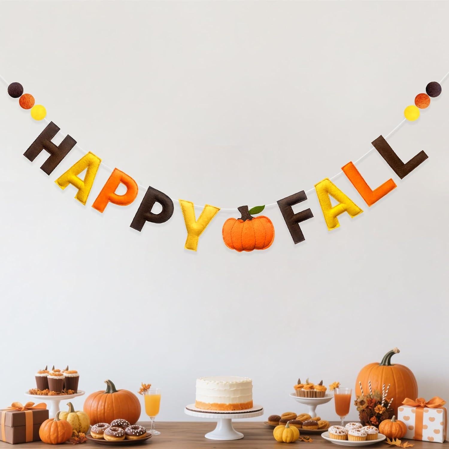 Happy Fall Felt Banner, Pre-Strung Pumpkin Garland, Autumn Party Decor