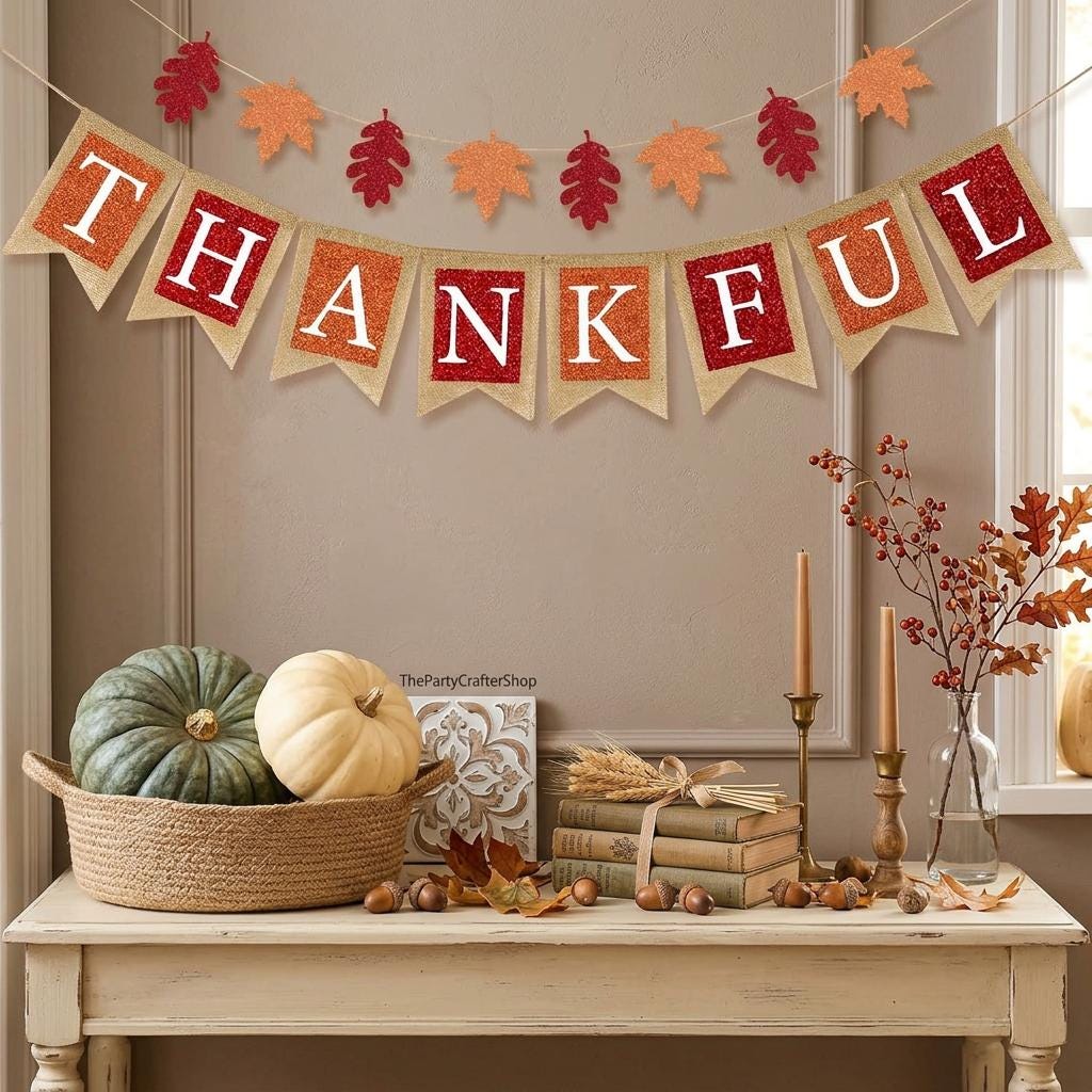 Thankful Fall Burlap Banner, Glitter Maple Leaf Garland, Rustic Autumn Bunting