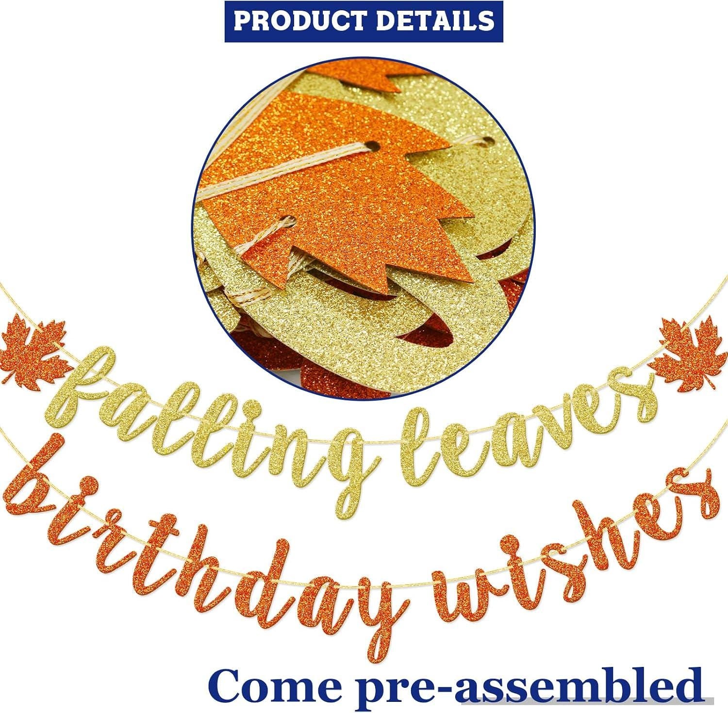 Glitter Fall Birthday Banner, Autumn Leaf Garland, Pre-Strung Party Decor