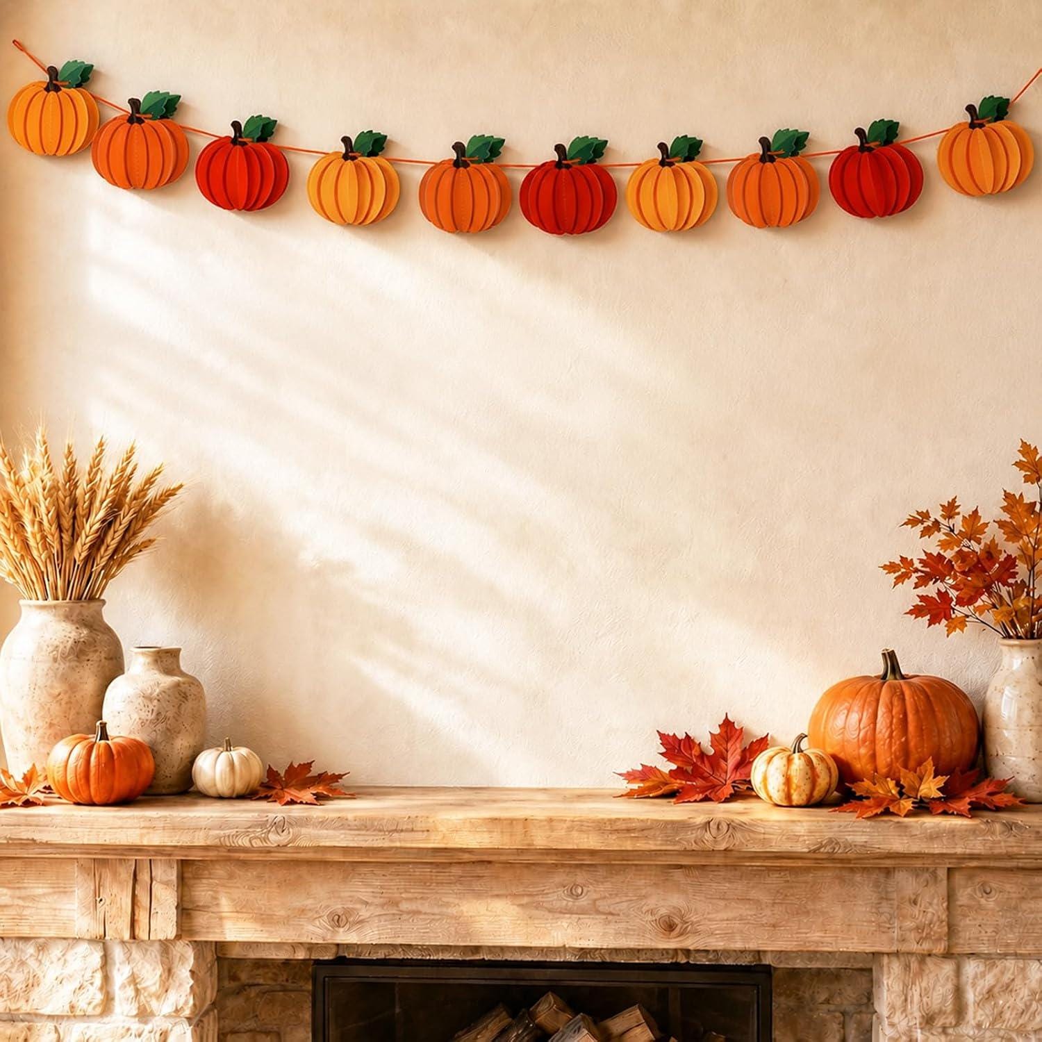 3D Pumpkin Paper Banner, Autumn Garland, Thanksgiving Bunting Decor