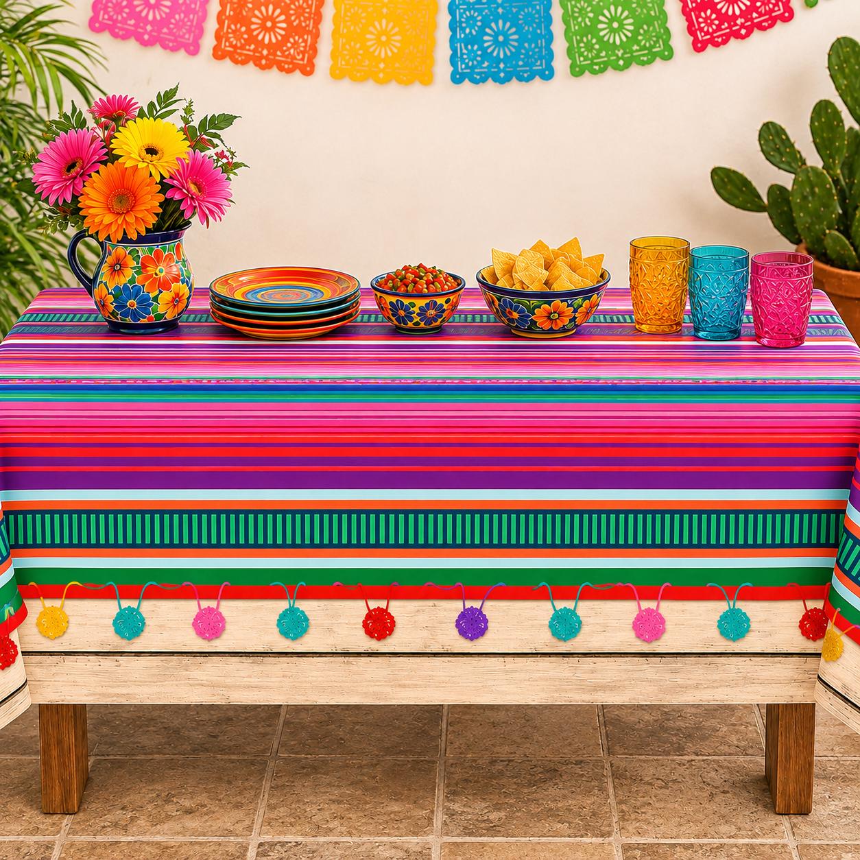 Mexican Fiesta Tablecloth 3PCS, Colorful Plastic Table Covers 54x87 Inch, Party Decorations