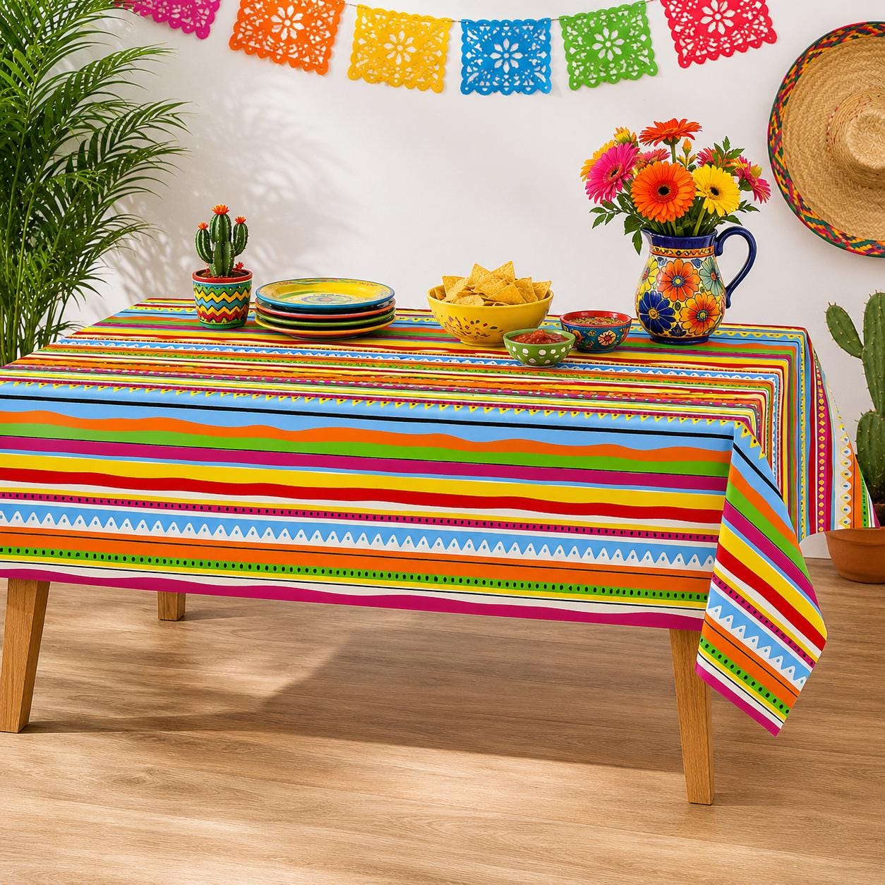 Mexican Fiesta Plastic Tablecloth, Disposable Rectangle Table Cover, Birthday Party Decorations