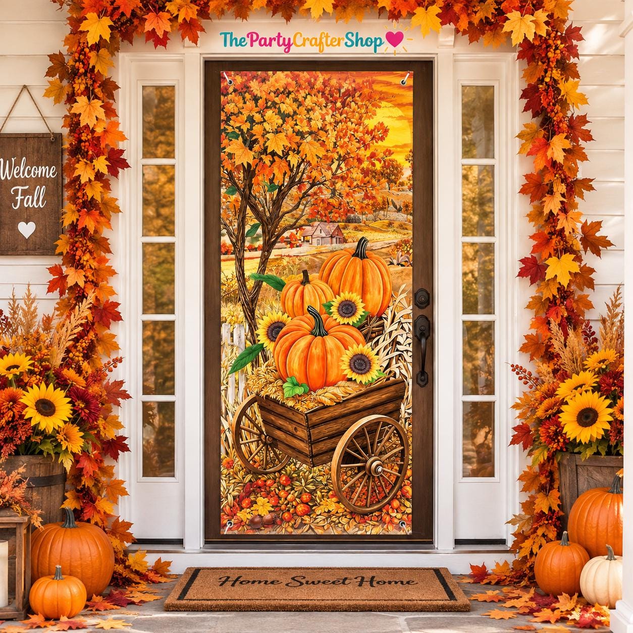 Large Fall Door Banner, Pumpkin Maple Leaf Harvest Photo Backdrop (70x35 inches)