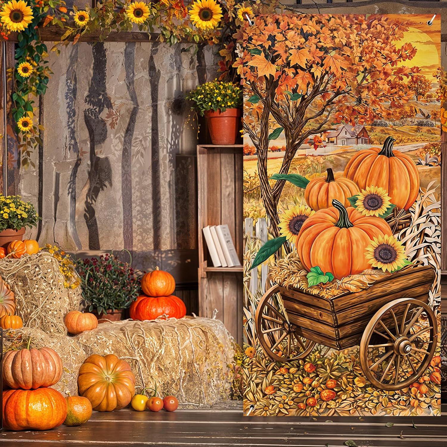 Large Fall Door Banner, Pumpkin Maple Leaf Harvest Photo Backdrop (70x35 inches)