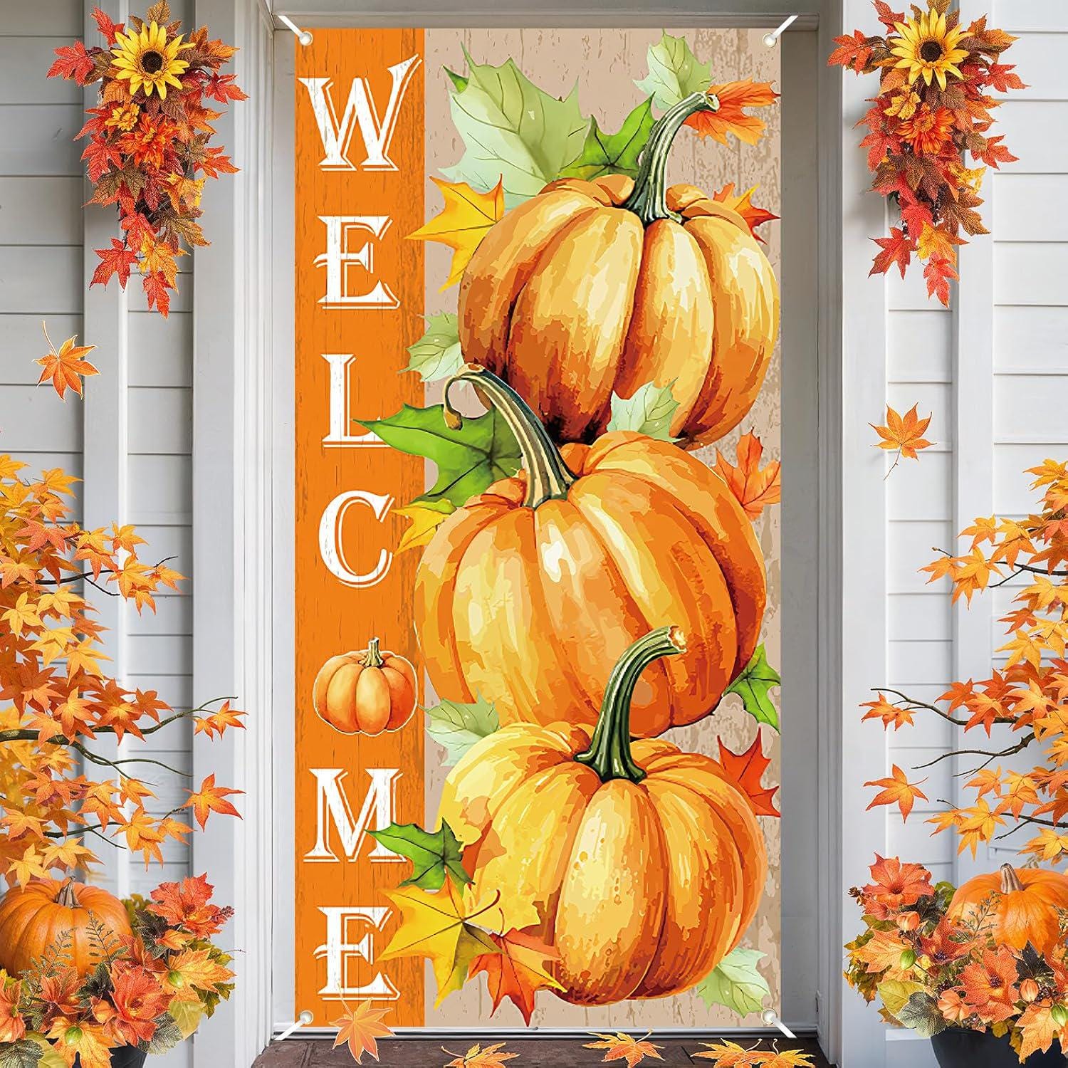 Fall Door Banner, Welcome Autumn Pumpkins, Maple Leaves, Farmhouse Decor