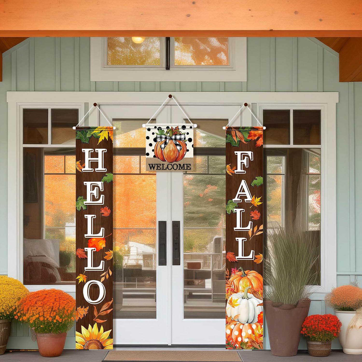 3pc Fall Welcome Door Banner Set, Pumpkin Maple Leaf Hanging Decor (Outdoor)