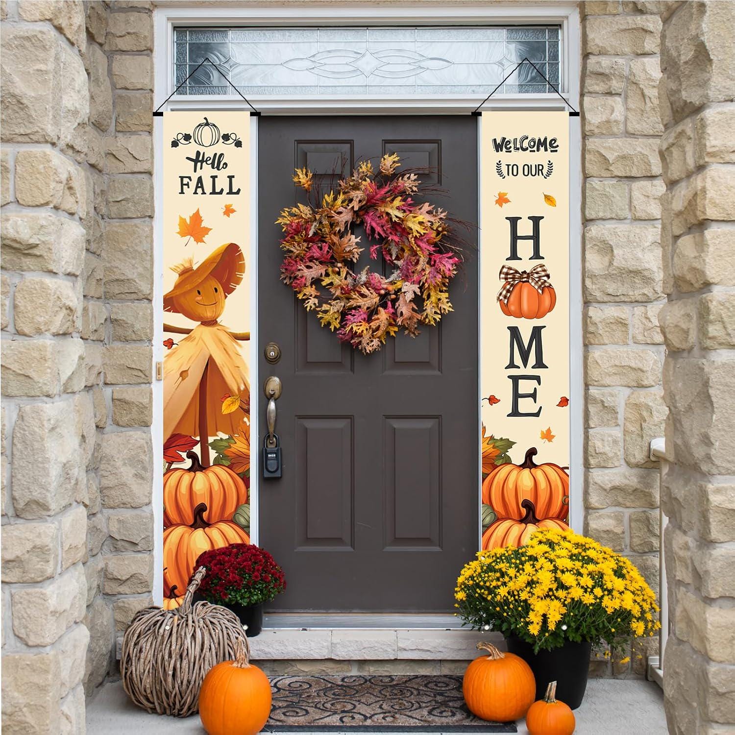 Fall Scarecrow Pumpkin Porch Banner Set, 2pc 72x12 Inch Farmhouse Outdoor Decor