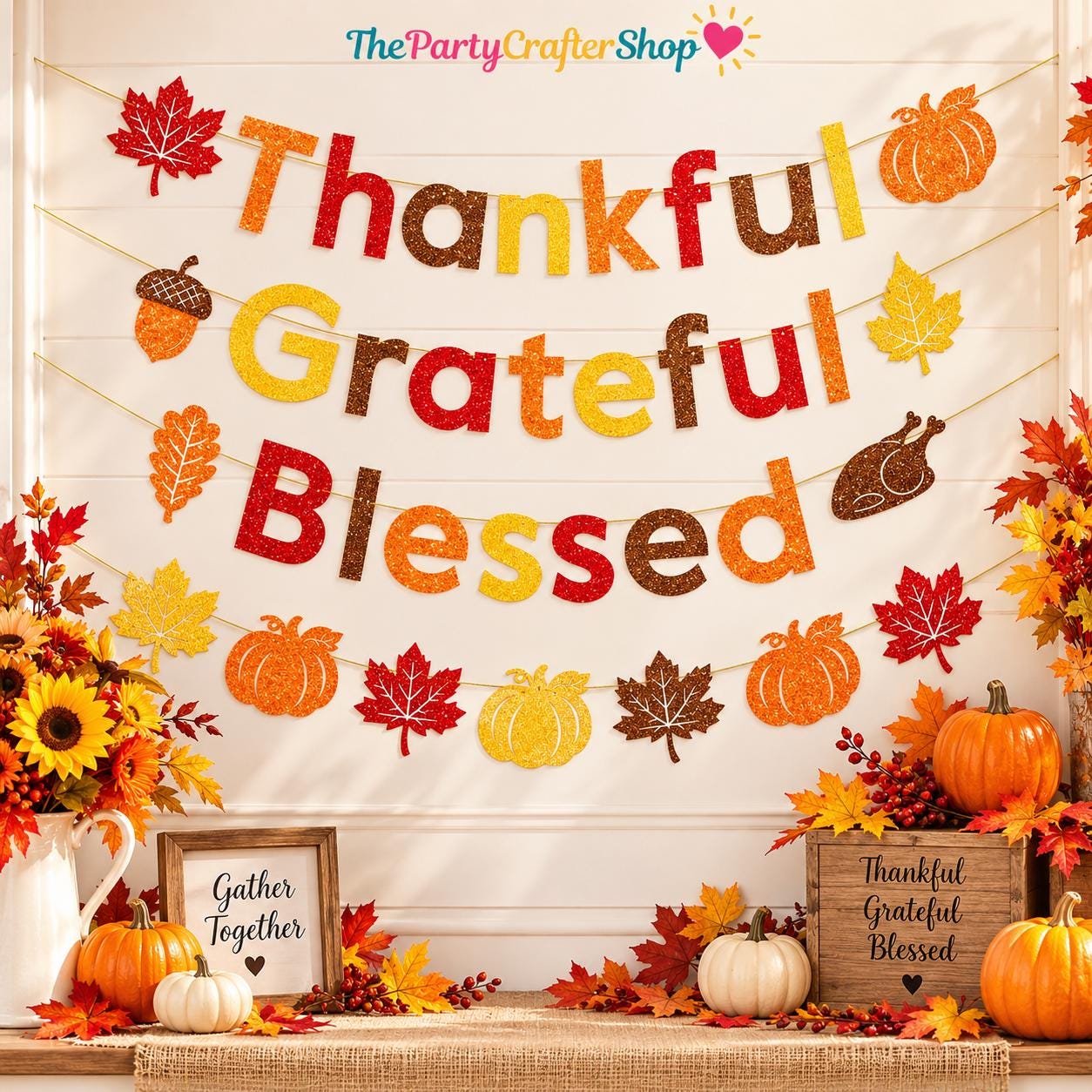 Glitter Thankful Grateful Blessed Banner, Maple Leaf Pumpkin Garland (3m)