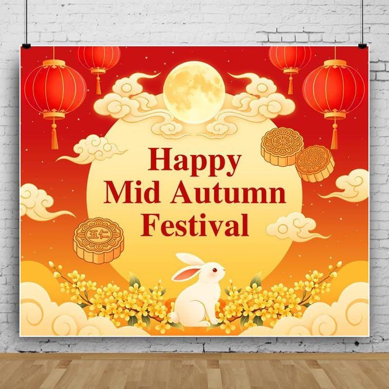 Mid Autumn Festival Backdrop, Moon, Lanterns, Mooncakes, Rabbit (10x8FT Vinyl)