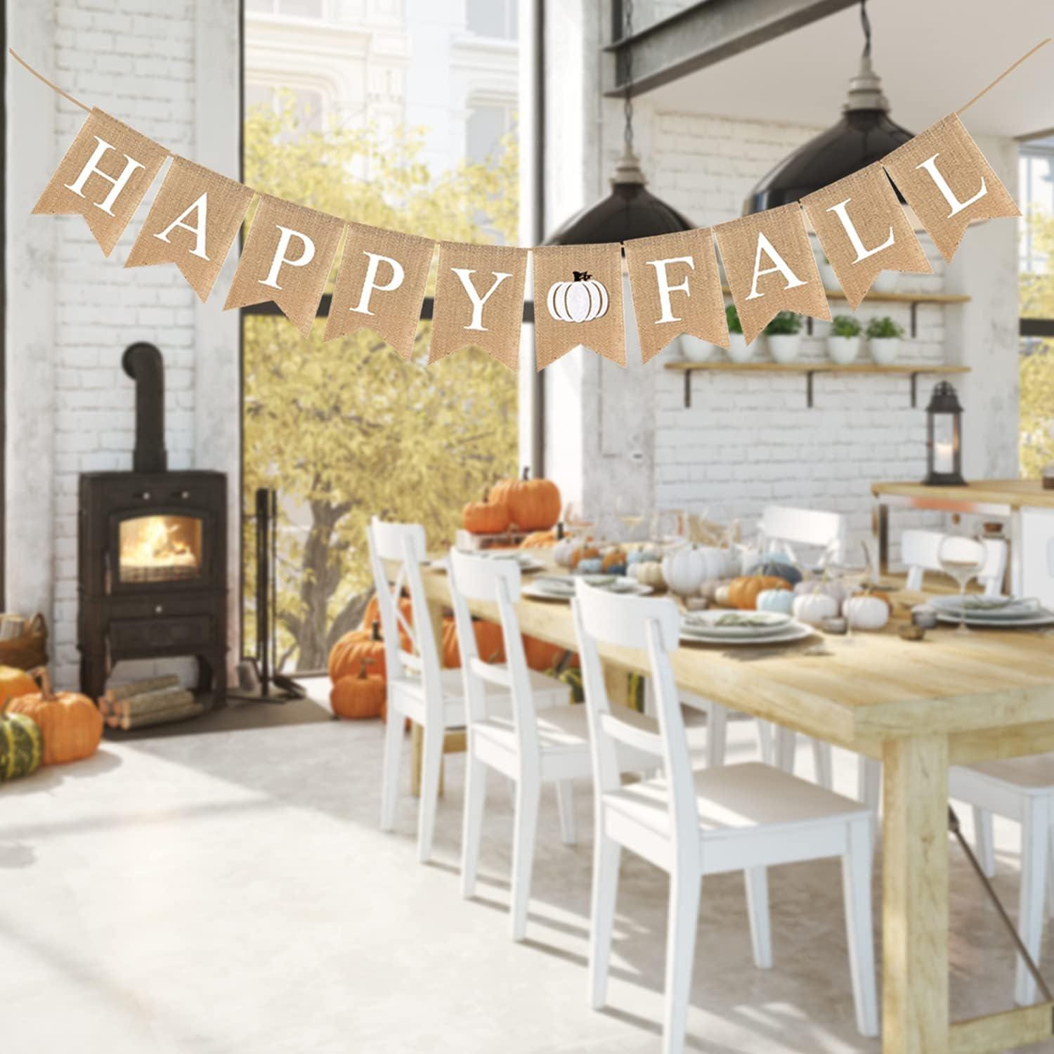 Happy Fall Burlap Banner, White Pumpkin Garland, Rustic Harvest Decor