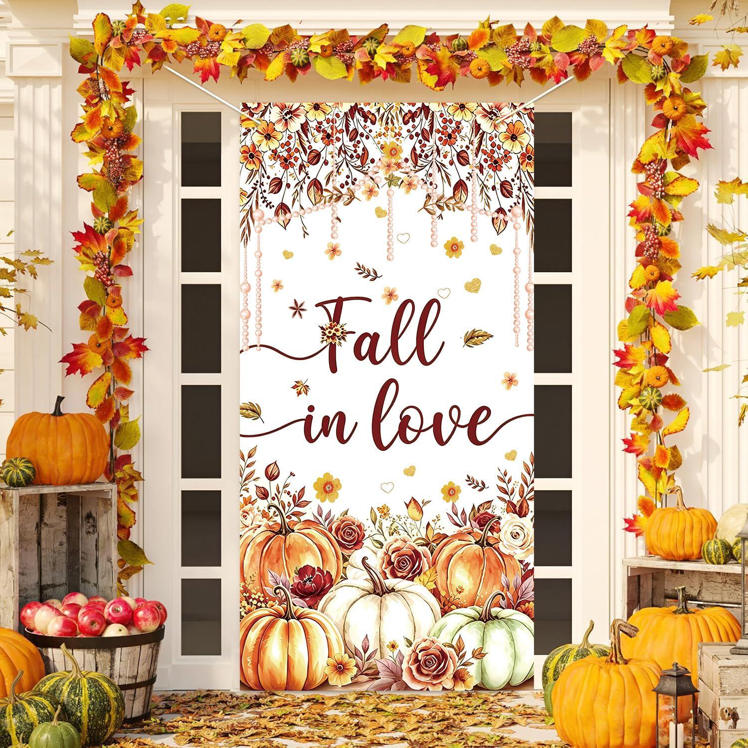 Fall in Love Door Banner, Rustic Pumpkin Floral Wedding Backdrop (90x180cm)