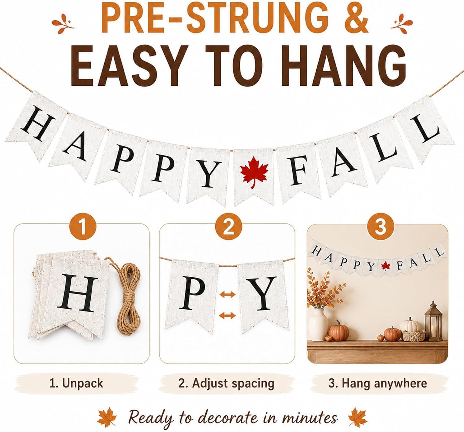 Happy Fall Burlap Banner, Maple Leaf Garland, Autumn Mantel Decor