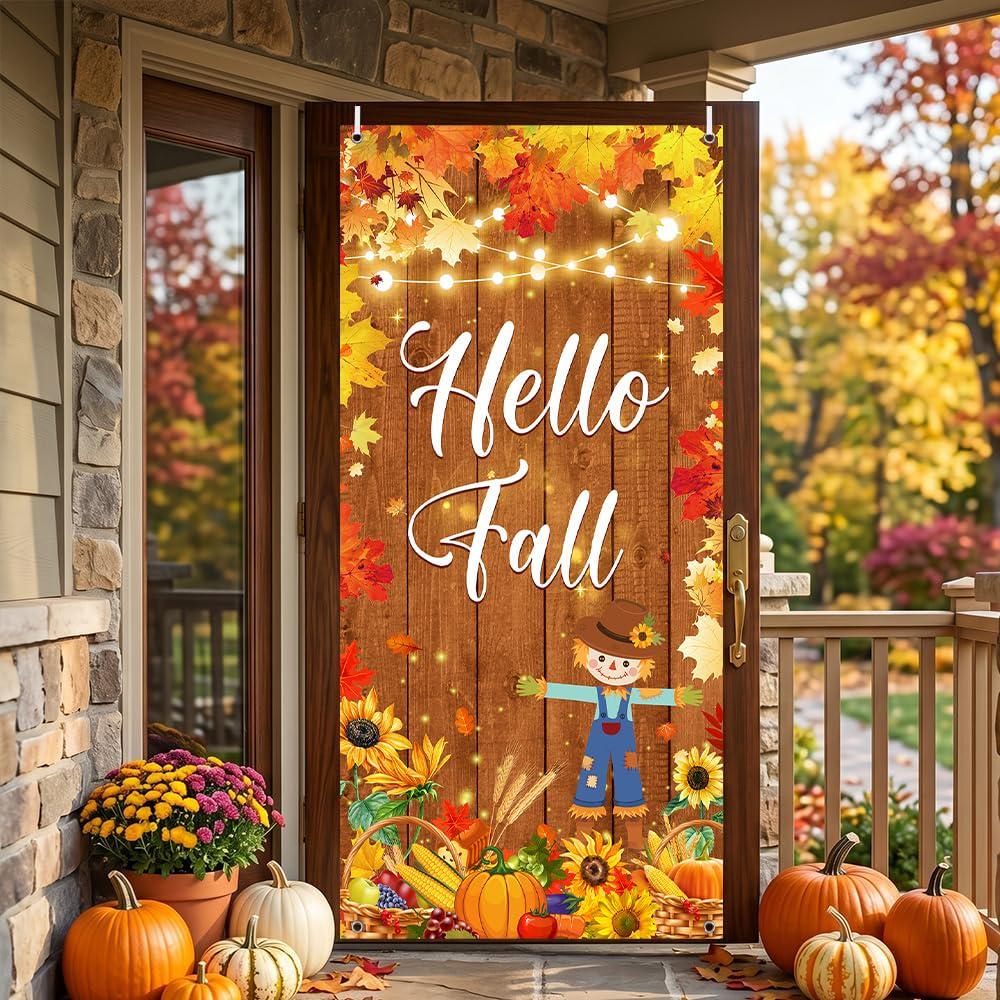 Hello Fall Door Banner, Pumpkin Scarecrow Autumn Backdrop (35.4x70.8 Inch)