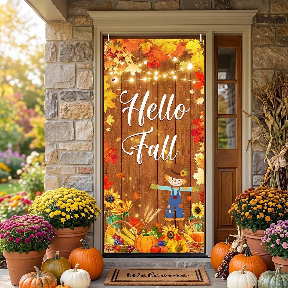 Hello Fall Door Banner, Pumpkin Scarecrow Autumn Backdrop (35.4x70.8 Inch)