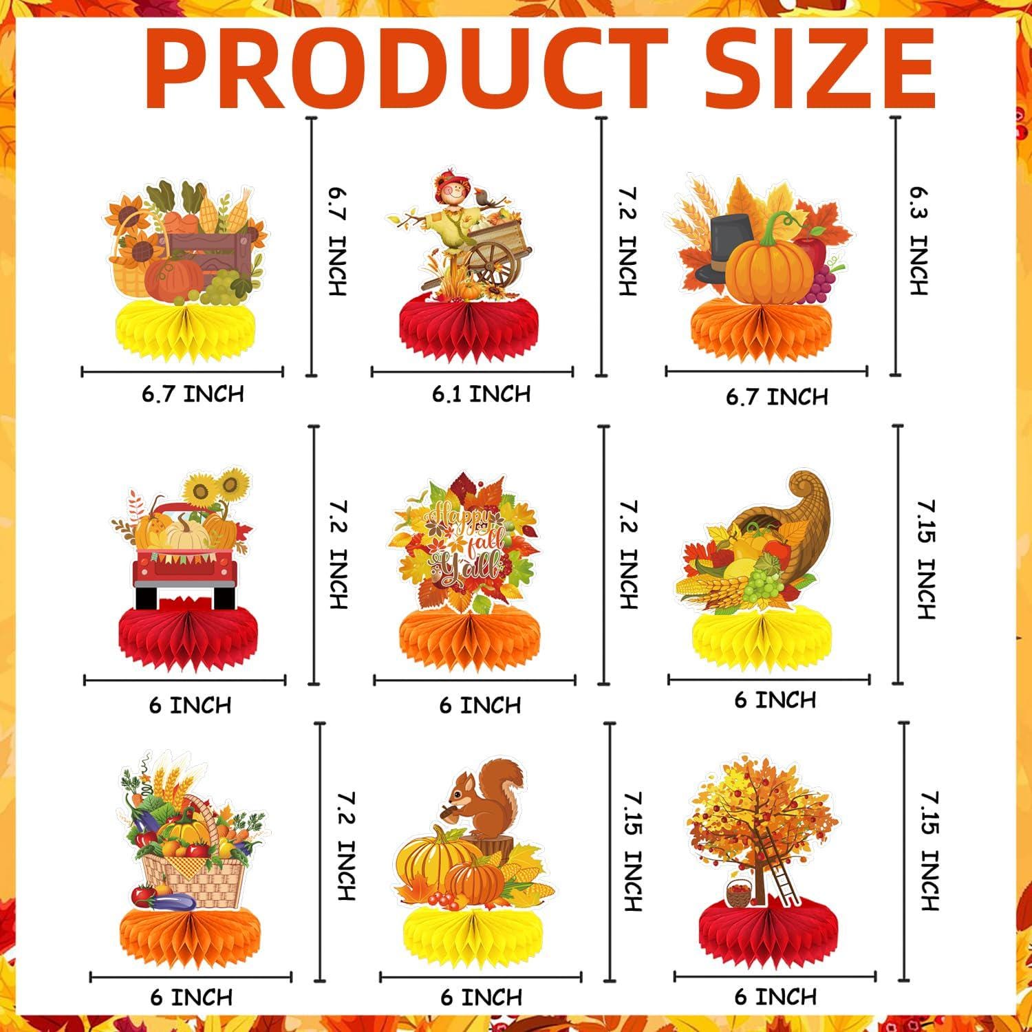 9pc Fall Honeycomb Centerpieces, Thanksgiving Pumpkin Turkey Decorations