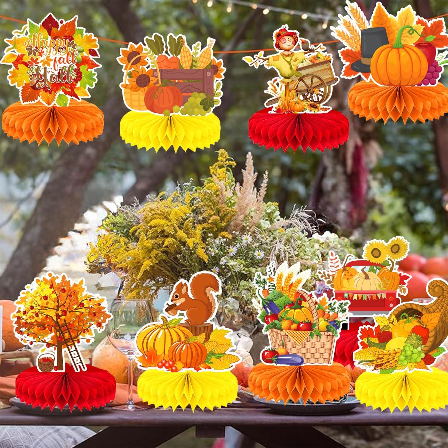 9pc Fall Honeycomb Centerpieces, Thanksgiving Pumpkin Turkey Decorations
