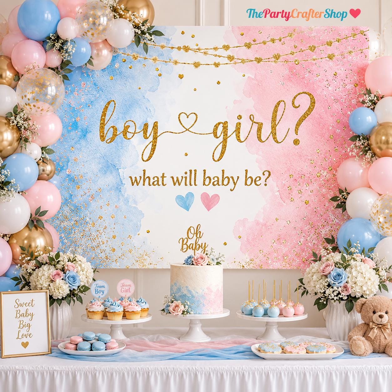 7x5FT Gender Reveal Backdrop, Watercolor Rose Gold Navy Baby Shower Photo Background