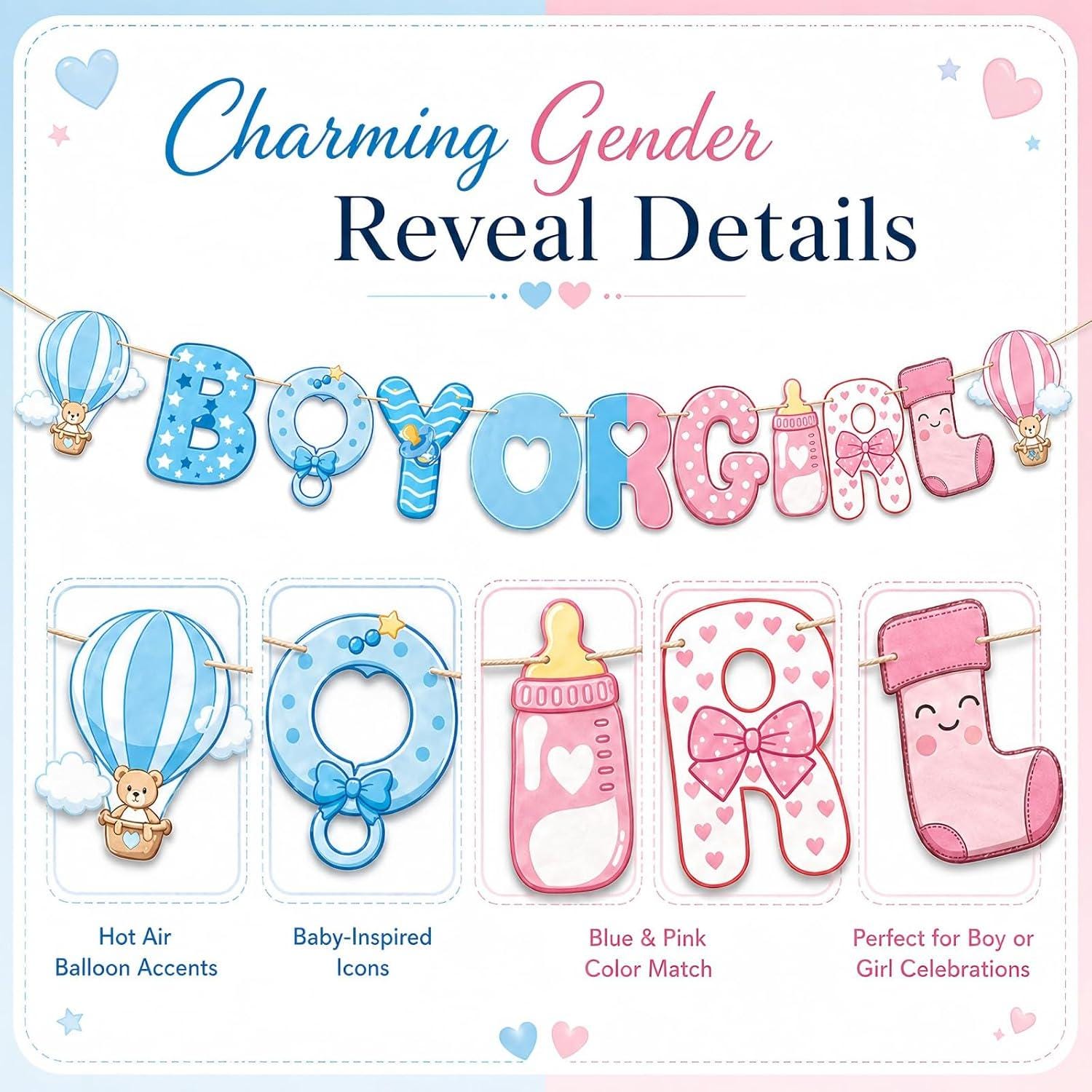 Pink Blue Gender Reveal Banner, Baby Shower Photo Backdrop (Boy or Girl)