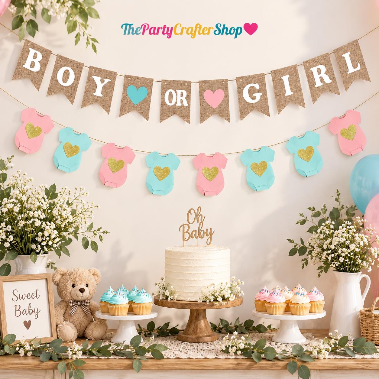 Boy or Girl Gender Reveal Banner Set, Blue Pink Baby Shower Decor (2pc)