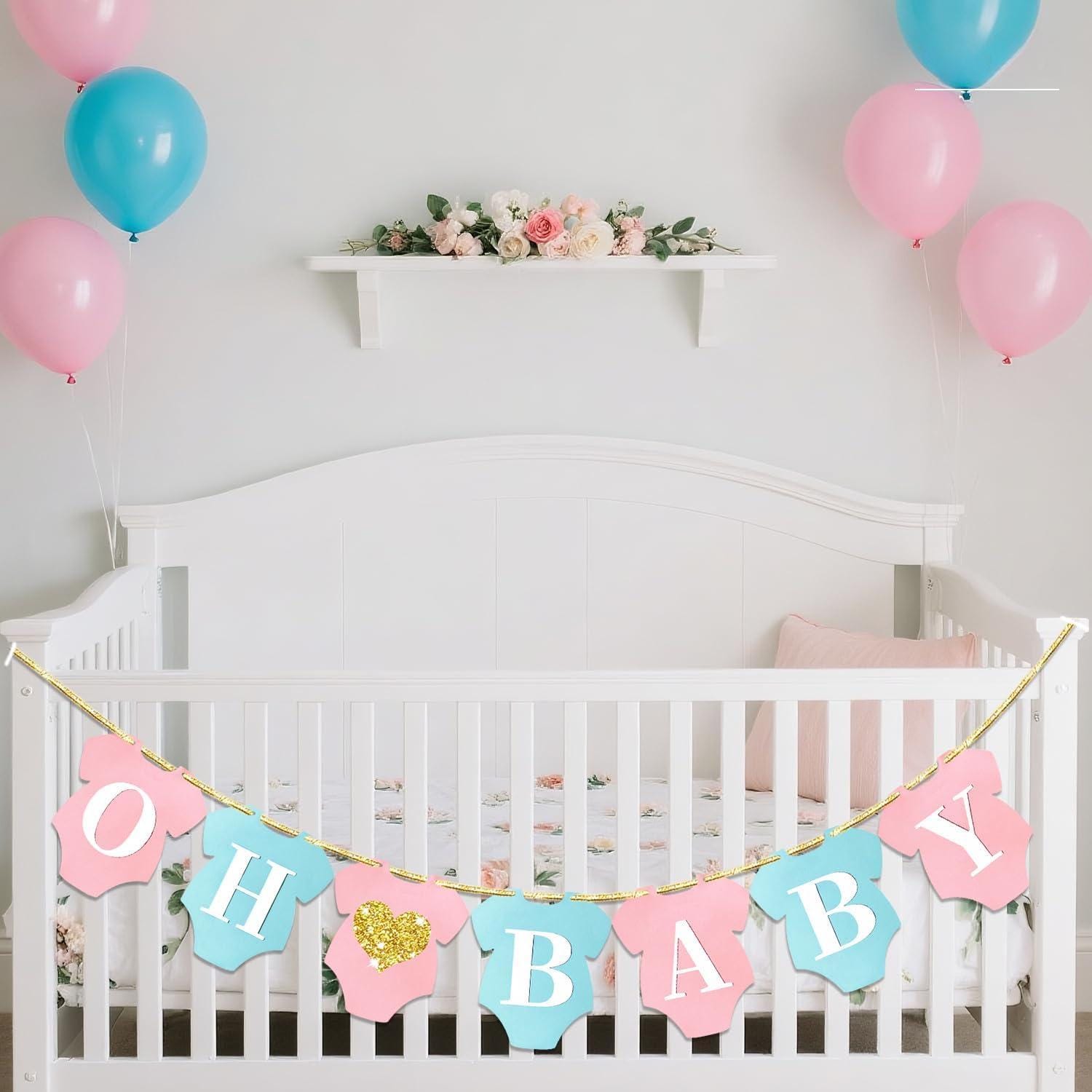 Pink Blue Oh Baby Banner, Glitter Heart Baby Shower Garland (8FT)
