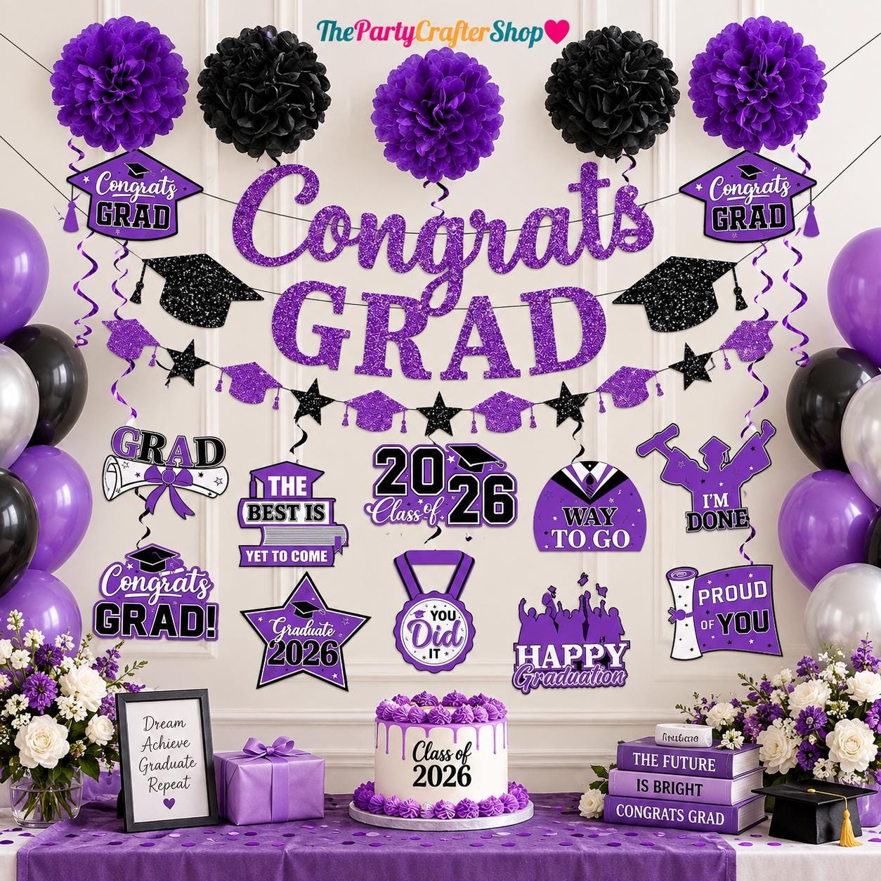Purple Black Graduation Decorations 2026, Class of 2026 Party Set (Banner, Pom Poms, Swirls)