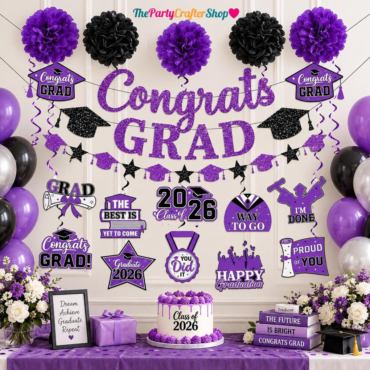 Purple Black Graduation Decorations 2026, Class of 2026 Party Set (Banner, Pom Poms, Swirls)