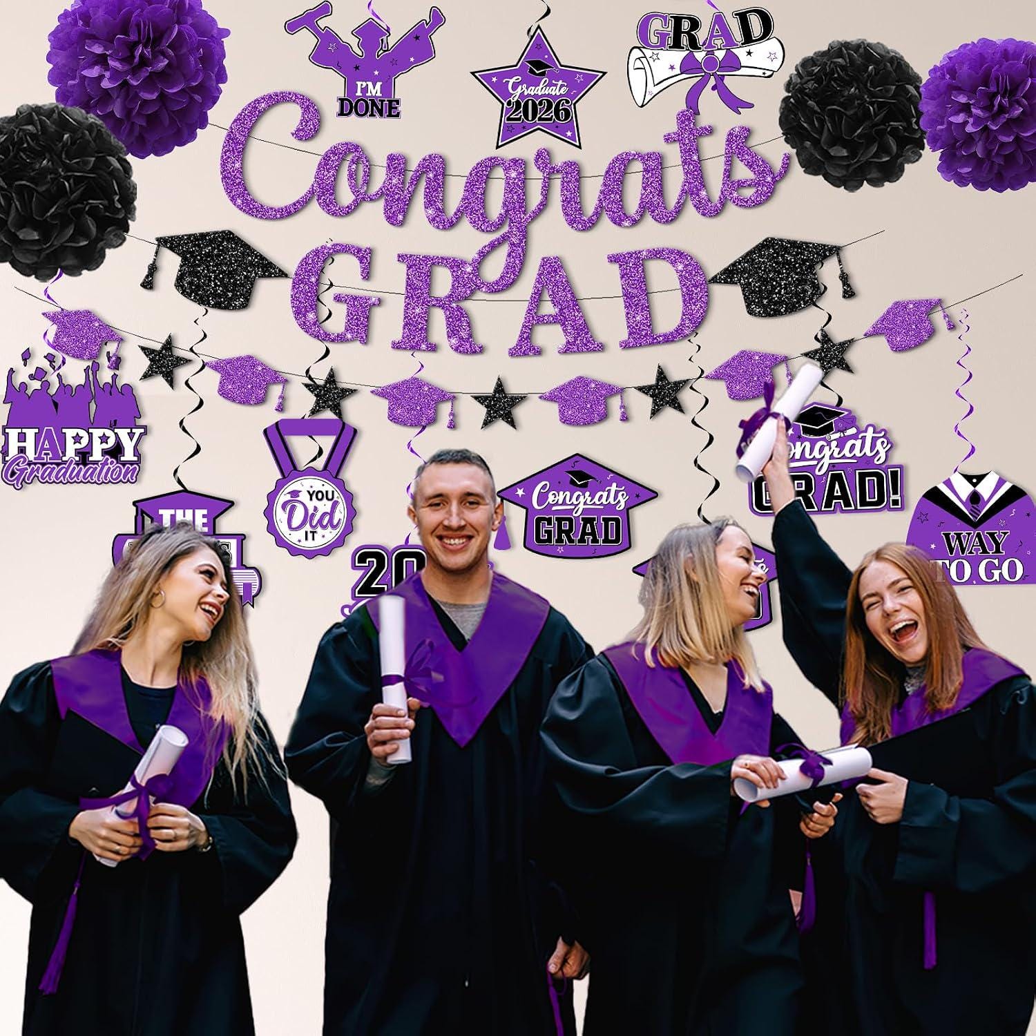 Purple Black Graduation Decorations 2026, Class of 2026 Party Set (Banner, Pom Poms, Swirls)