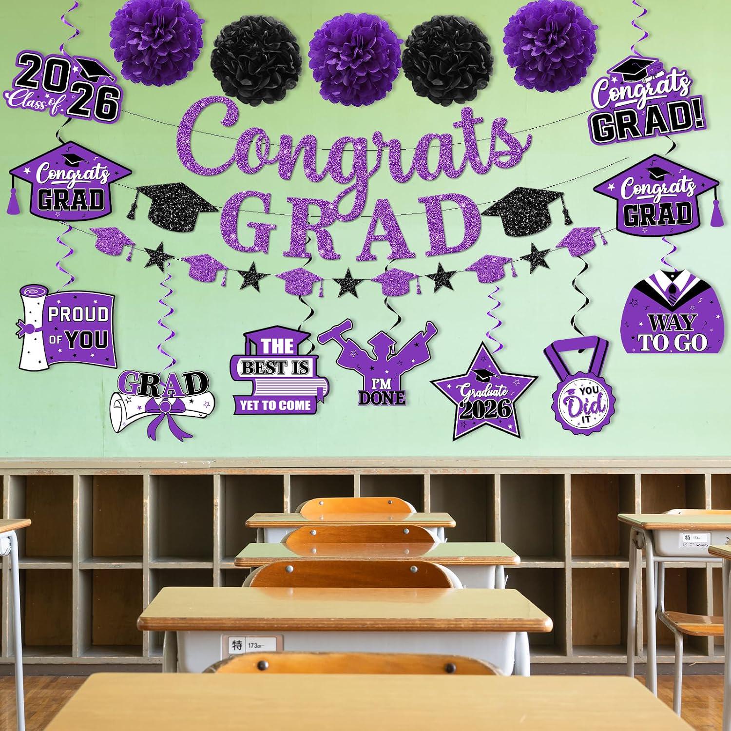 Purple Black Graduation Decorations 2026, Class of 2026 Party Set (Banner, Pom Poms, Swirls)
